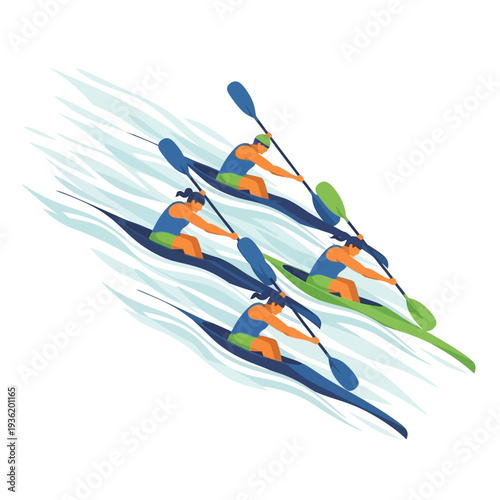 Kayaking Race: Four Athletes Competing in Fast Water Sport