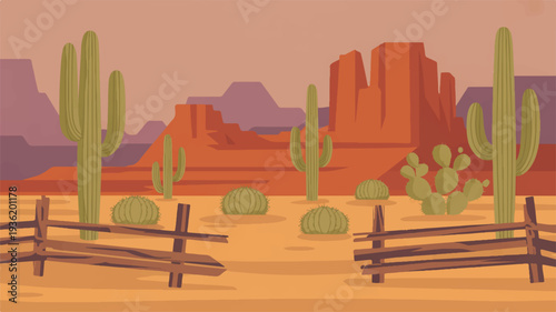 Desert landscape with cacti and wooden fence at sunset arid environment with rocky formations and sandy terrain