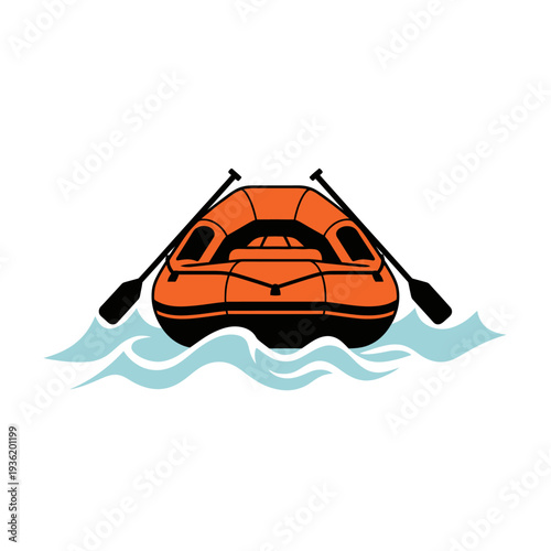 Orange Inflatable Raft with Crossed Paddles Floating on Wavy Water - Vector Illustration