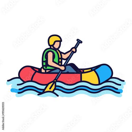 Person paddling inflatable raft on wavy water, outdoor adventure vector illustration