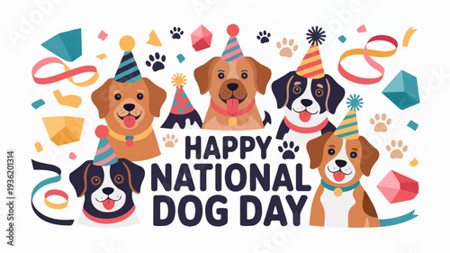 Happy national dog day celebration with adorable dogs wearing party hats and surrounded by colorful decorations