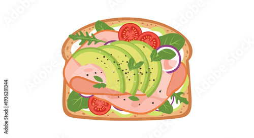 Healthy Avocado Toast with Ham, Tomatoes, and Greens on White Bread