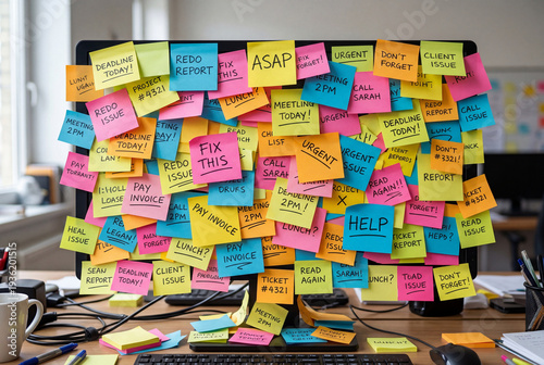 A computer monitor completely covered in colorful sticky notes with urgent business messages, representing work stress and deadline overload