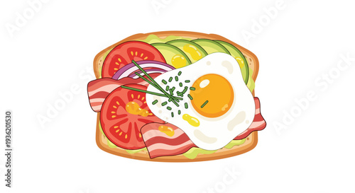 Delicious Open-Faced Sandwich with Fried Egg, Bacon, Avocado, Tomato, and Onion