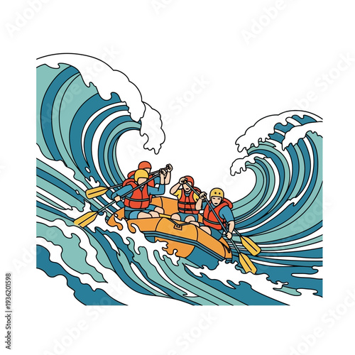 Rafting Adventure: People Navigate Big Waves on Raft