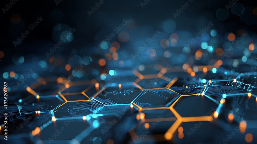 Obraz premium A futuristic digital network of interconnected hexagons with glowing blue and orange lights