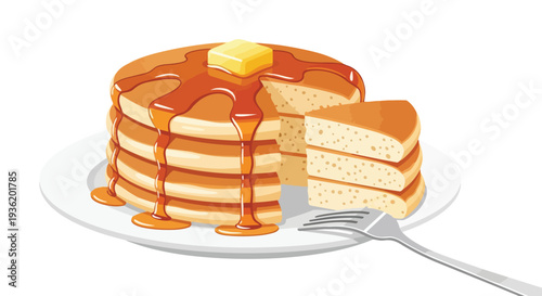 Stack of golden pancakes with melting butter and dripping maple syrup on a white plate with a fork