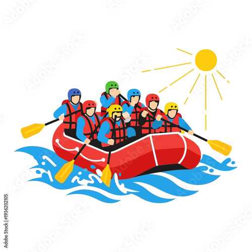 Rafting Team Paddling on River with Sun
