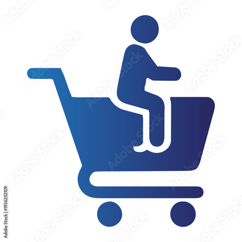 Person sitting in shopping cart on wheels viewed from the side in simple illustration style