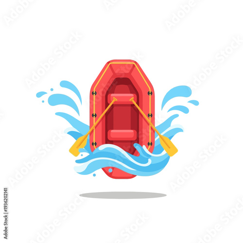 Red inflatable raft with paddles on choppy water, adventure concept illustration