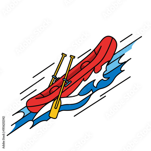 Red inflatable raft with paddles speeding through blue wavy water, dynamic motion