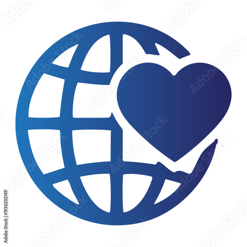 Global charity and compassion symbolized by a heart embracing the world in a simple, iconic illustration