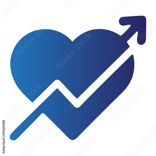 A blue heart symbol with an upward trending graph line, representing growth and positivity