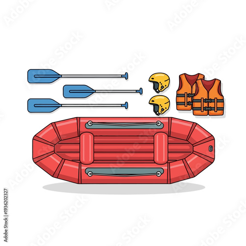 Red Raft, Paddles, Helmets, and Life Vests - Whitewater Rafting Gear Illustration