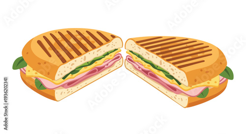 Delicious Ham and Cheese Panini Sandwich, Grilled Bread, Fresh Greens, Cut in Half