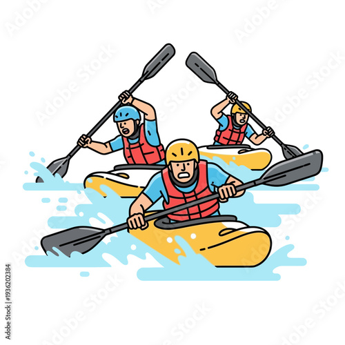 Team Kayaking Race: Three friends enjoying water sports adventure on a sunny day.