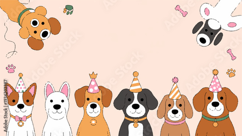 Happy dogs wearing party hats with confetti on pink background celebrating birthday or special occasion with festive canine friends