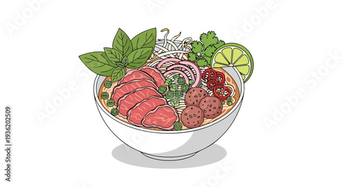 Vietnamese Pho Bo Noodle Soup with Beef, Meatballs, Herbs, Lime and Bean Sprouts