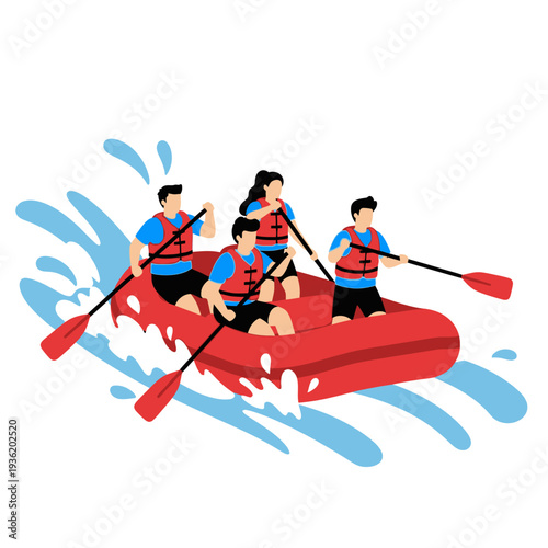 Team rafting on whitewater, adventure sport, people in boat with paddles