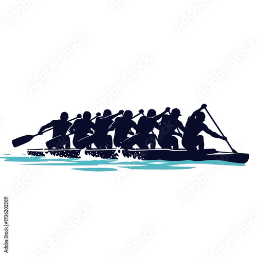 Team Rowing Silhouette: Eight Athletes Paddling Canoe on Water
