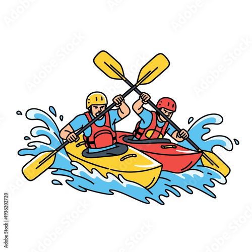 Two kayakers paddling through white water rapids, adventure and extreme sport