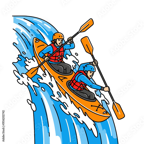 Two kayakers navigating a rapid waterfall, adventure, extreme sport, teamwork