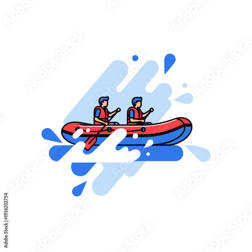 Two men rafting on a red and blue inflatable boat with paddles, surrounded by water splashes