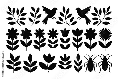 Flower and leaf vector silhouettes with birds and insects icons