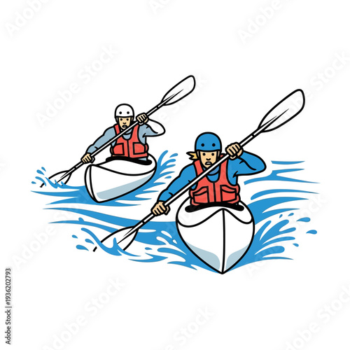 Two people kayaking on blue water, paddling together, active lifestyle illustration