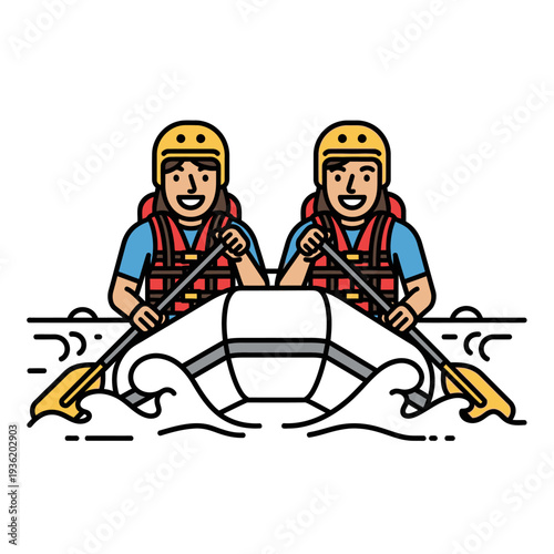 Two people white water rafting, paddling inflatable boat down rapids, extreme sport