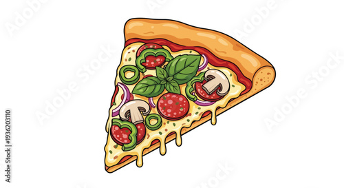 Delicious Slice of Pizza with Salami, Mushrooms, Peppers, and Basil