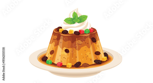 Delicious Fruit Pudding with Whipped Cream and Mint Garnish on a Plate