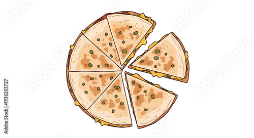 Delicious Cheese Quesadilla Sliced into Portions, Top View, Isolated on White Background