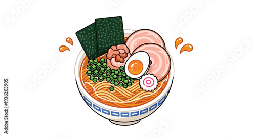 Delicious Ramen Bowl Illustration: Noodles, Pork, Egg, Seaweed, and Narutomaki