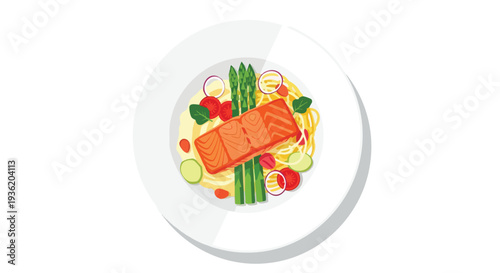 Gourmet Salmon Pasta with Asparagus and Cherry Tomatoes on a White Plate