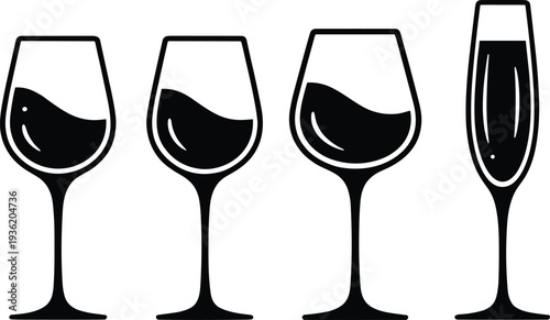 Black and White Minimalist Vector Illustration of Various Wine Glass Shapes Including Red White and Champagne Flute Isolated Icons for Bar and Restaurant Menu Design