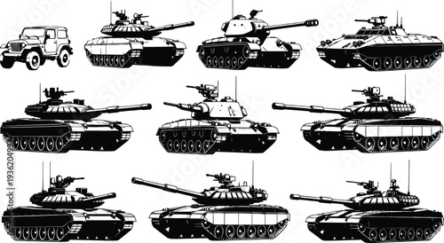 Black and white vector collection of military tanks armored vehicles and army jeep isolated on white background for war games history and tactical design