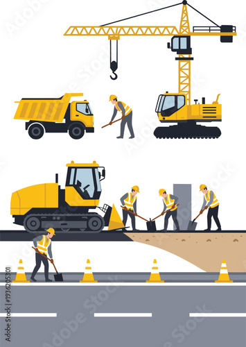 Road construction workers with crane, dump truck and asphalt paver repairing highway, heavy machinery construction site illustration