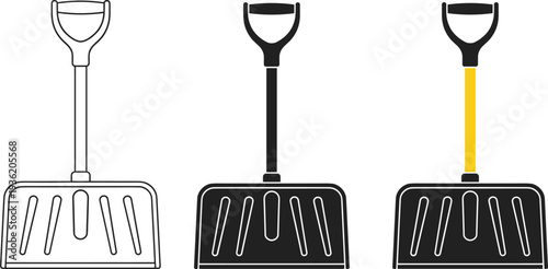 Snow shovel icon set in outline and solid style with different handle colors isolated on white background illustration