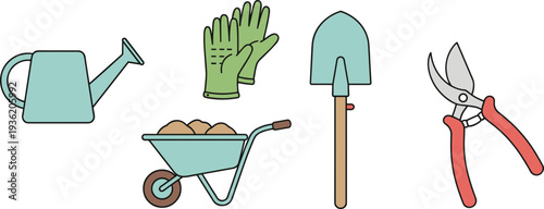 Flat gardening tools icons including watering can, gloves, shovel, wheelbarrow and pruning shears isolated on white background illustration
