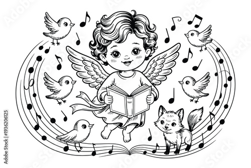 Angel illustration reading a book surrounded by birds and musical notes