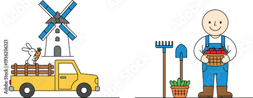 Cartoon farming scene with farmer holding vegetable basket, windmill, farm truck, rabbit and gardening tools isolated on white background illustration