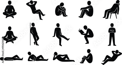 Silhouette illustration of people in varied seated, reclined, and meditative postures, representing human body positions, relaxation, yoga, and lifestyle diversity.