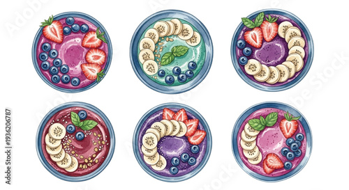 Hand Drawn Watercolor Smoothie Bowl Set with Banana, Strawberry, Blueberry and Mint – Healthy Breakfast Collection Top View