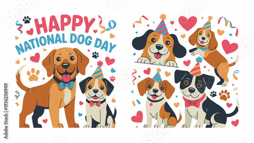 Happy national dog day celebration with six cute dogs wearing party hats and collars hearts and confetti on white background