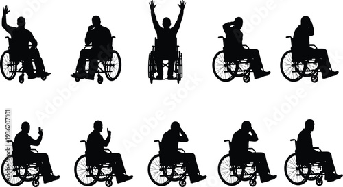 Silhouette illustration of diverse individuals in wheelchairs, showcasing inclusivity, mobility, accessibility, independence, and varied human expressions in everyday life.