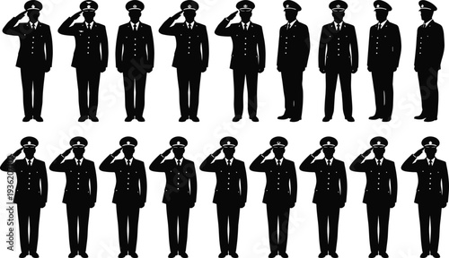 Silhouette group of disciplined military personnel in uniform, standing in formation with some saluting, symbolizing teamwork, respect, honor, and discipline.