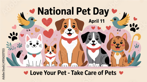 National pet day celebration with colorful pets and hearts