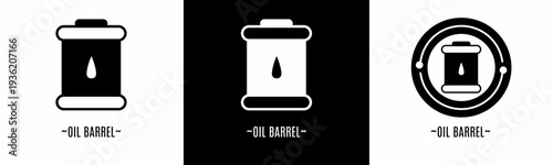 Oil barrel logo set. Collection of black and white logos. Stock vector.