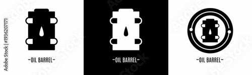 Oil barrel logo set. Collection of black and white logos. Stock vector.